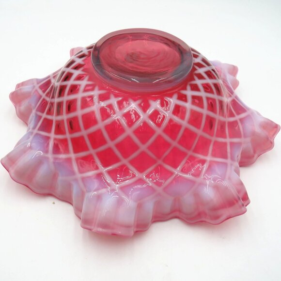 Fenton Bowl Cranberry Pink Opalescent Diamond Ruffled Glass 9" Handcrafted USA - Picture 7 of 9
